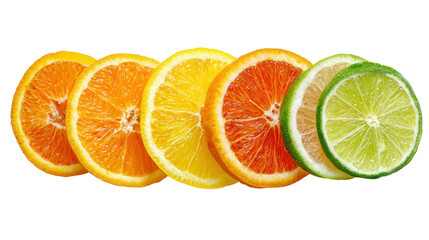 Freshly Sliced Citrus Fruits: A flat lay of freshly sliced citrus fruits like oranges, lemons, and limes, isolated on a Transparent background, PNG file.