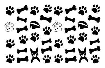 A playful pattern of dog paw prints and bones on a white background