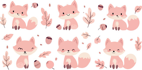 Fototapeta premium Cute kawaii style pink foxes surrounded by autumn leaves acorns and feathers