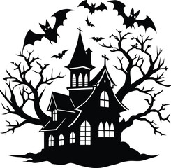 Halloween hunted house Spooky silhouette with bats flying around on halloween night
