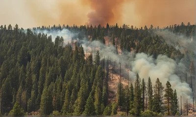 Wandcirkels Mistig bos Wildfire Spreads Through Dense Pine Forest Aerial View of Burning Trees and Smoke Filled Orange Sky  © Anupong