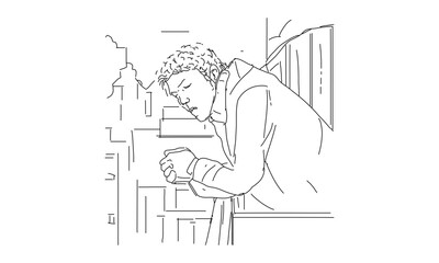 Minimalist Line Drawing of a Contemplative Figure on a Balcony