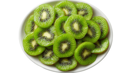 Freshly Sliced Kiwi on Plate: A flat lay of freshly sliced kiwi with vibrant green color, isolated on a Transparent background, PNG file.