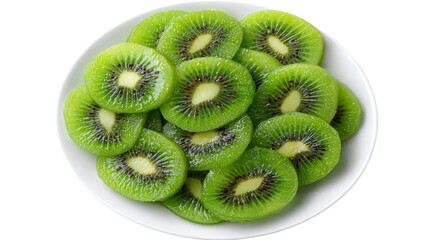 Freshly Sliced Kiwi on Plate: A flat lay of freshly sliced kiwi with vibrant green color, isolated on a Transparent background, PNG file.