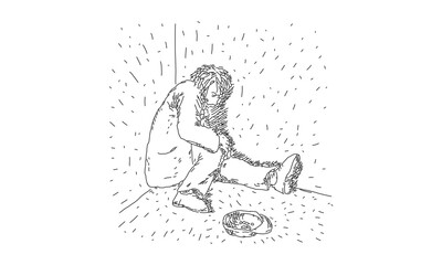 Minimalist Line Drawing of a Lonely Figure Sitting in a Corner – Symbolic Sketch of Solitude and Introspection