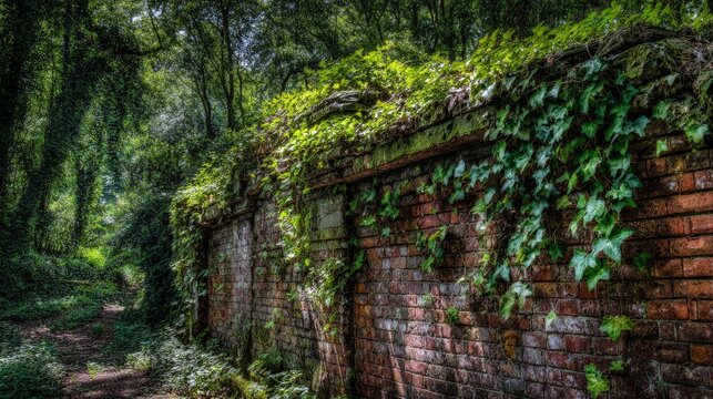 Overgrown Brick Wall In Lush Forest