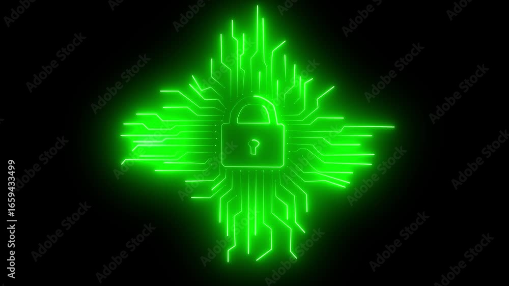 Fototapete cyber security blue circuit lines and lock logo on black background.digital circuit ai interface on 
