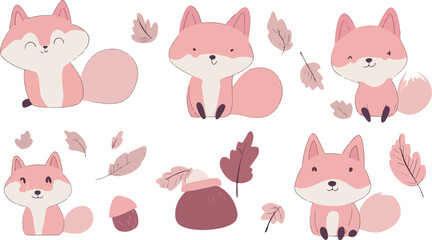 Obraz premium Adorable pink foxes with autumn leaves and acorns in a cute whimsical illustration