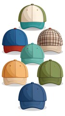 Seven baseball caps in various colors and patterns, arranged in a staggered formation
