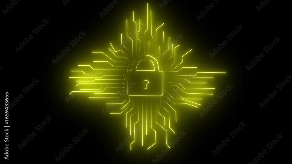 Fototapete cyber security blue circuit lines and lock logo on black background.digital circuit ai interface on 