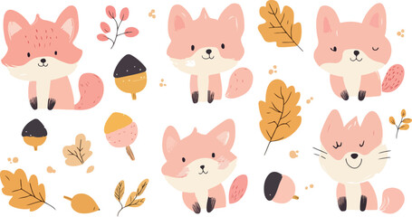 Obraz premium Charming collection of cute pink foxes and autumn elements in a whimsical illustration