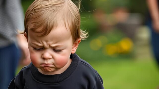 Angry toddler with brown hair and black shirt frown outdoors, emotional child garden during daytime, intense facial expression and upset mood natural