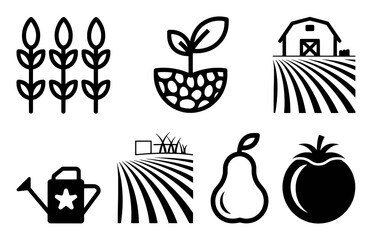 Collection of Agricultural Icons: Plants, Barn, Produce, and Watering Can