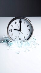 Shattered clock rests on a white surface amongst its broken glass fragments
