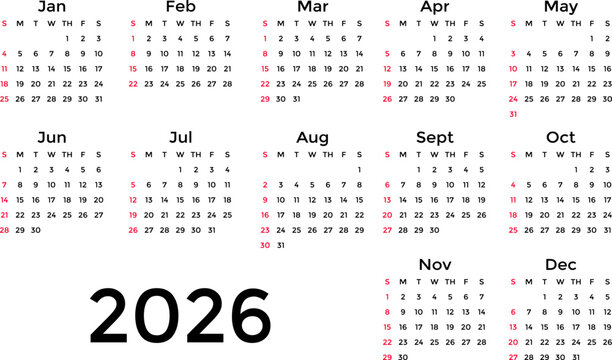 simple 2026 calendar on white background. Minimalist and modern 2026 calendar template. Clean design, perfect for planners, or digital downloads. Includes all 12 months from January to December 2026