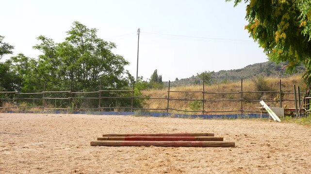 Frontal view of a white horse and female rider threading between three ground bars with control