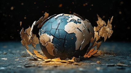 Cracked earth globe broken world environmental destruction climate change global crisis dramatic dark background concept art