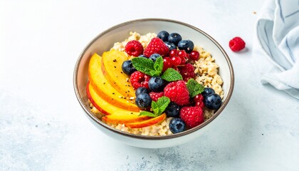 Healthy breakfast with oats, fruits, and yogurt.
