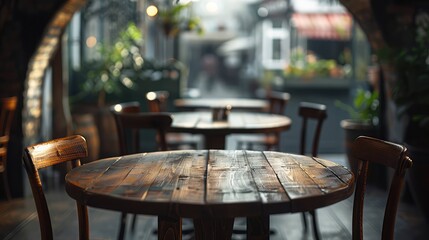 Wooden tables in a cozy cafe setting. Soft lighting creates a warm atmosphere. Green plants are visible in the background, enhancing the inviting ambiance.