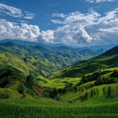 Naklejka premium Lush green terraced rice paddies nestled in vibrant mountains under a dramatic sky