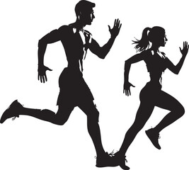 Four Silhouetted Figures Walking in Profile on White Background