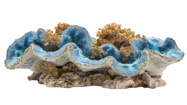 Giant Clams on the Reef: Giant clams resting on the coral reef, isolated on a Transparent background, PNG file.