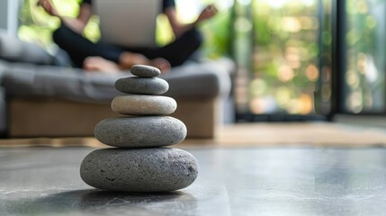A stack of smooth stones is placed on a wooden floor. In the background, a person sits cross-legged on a couch, practicing meditation in a bright room.