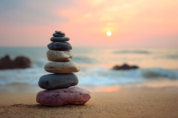 Fototapeta premium stack of zen stones on the beach, sunset and ocean in the background