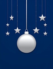 Silver bauble hangs from string, surrounded by hanging stars against a dark blue background