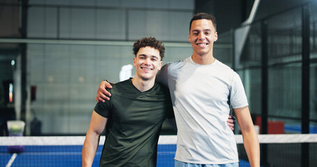 Happy, friends and portrait of men on padel court for practice, exercise and challenge. Fitness...