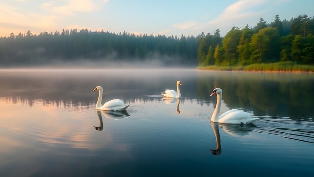 Three swans swimming gracefully on a misty lake at dawn with forest in the background creating a serene scene - Powered by Adobe