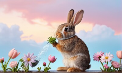 Fototapeta premium Adorable Brown Rabbit Watering Pink and White Flowers in a Pastel Spring Garden