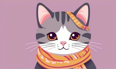 Adorable Grey Tabby Cat in Orange Scarf Pixel Art