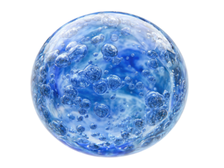 A sphere of blue, translucent liquid, filled with numerous bubbles