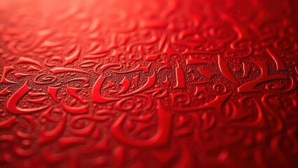 Intricate, embossed lettering patterns create a vibrant red surface design.