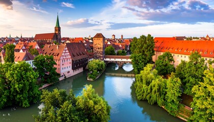 Fototapeta premium Panoramic view of a European city at sunset