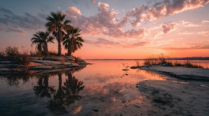Serene sunset over calm water, reflecting palm trees on a small island