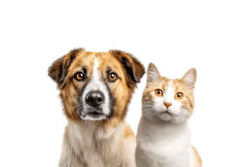 a dog and a cat looking at the camera in front