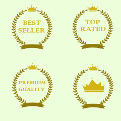 Golden Badge Labels with Crown and Laurel Wreath for Best Seller, Top Rated, and Premium Quality