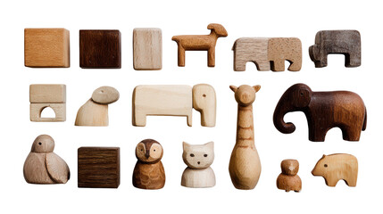 Handmade Wooden Toys: A flat lay of handmade wooden toys like blocks and animal figurines, isolated on a Transparent background, PNG file.