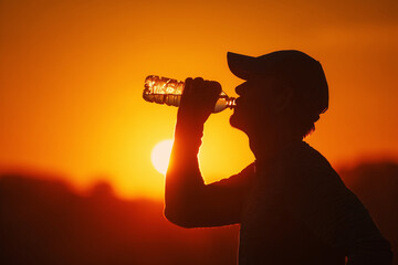 Mann trinkt Wasser bei Hitzewelle im Sommer