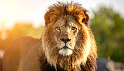 Obraz premium Majestic lion portrait in golden sunlight