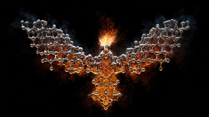 Molecular structure morphing into a fiery phoenix rising from scaled patterns.