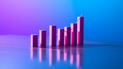 A pink bar graph with an upward trending line on a blue and purple gradient background surface