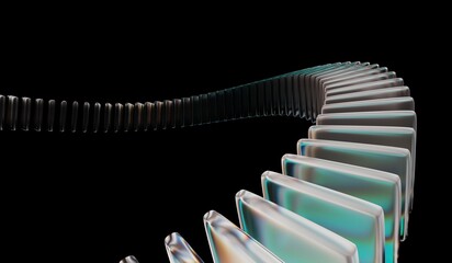 Futuristic digital tech background with abstract black 3D background, glass dispersion holographic, and closeup of connected crystal rings with neon green white light texture. 3D illustration