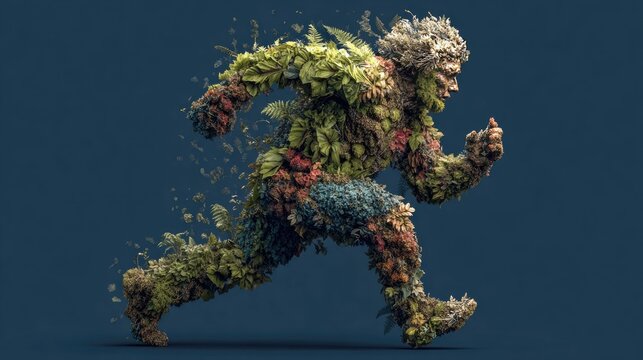 Running figure, plant-like form, dynamic pose