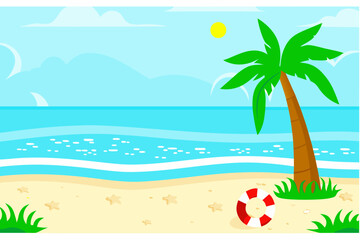A cartoon beach scene with a palm tree and a life preserver ring