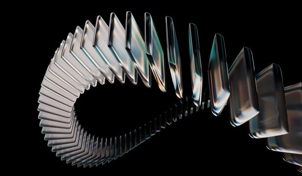 Futuristic digital tech background with abstract black 3D background, glass dispersion holographic, and closeup of connected crystal rings with neon green white light texture. 3D illustration