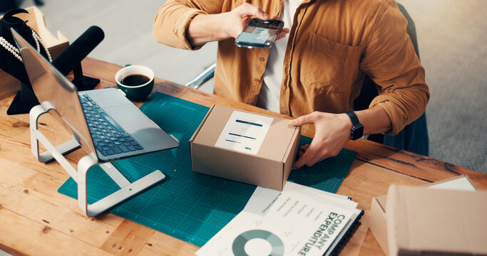 Box, hands and phone with person in logistics office for barcode scanning or parcel tracking. Inventory, photograph and supply chain with man at desk for delivery, ecommerce or shipping from above