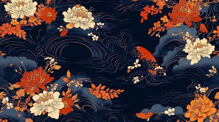 Traditional Japanese Floral Textile Pattern with Cherry Blossom and Wave Decorative Design background,generative ai	
